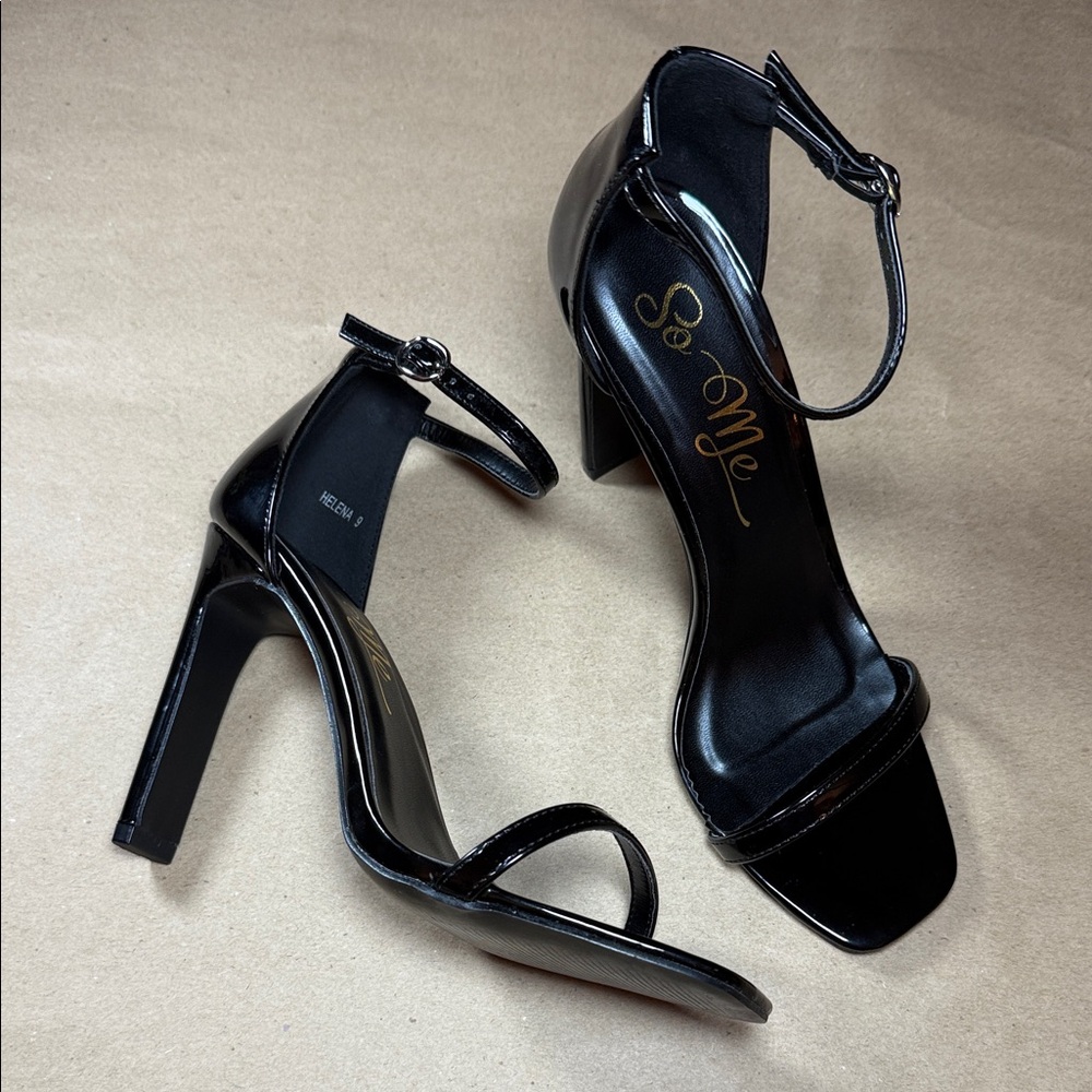 So Me Ankle Strap Glossy Black Heels - Elegant Women’s Sandals- US Size 9 - EUC